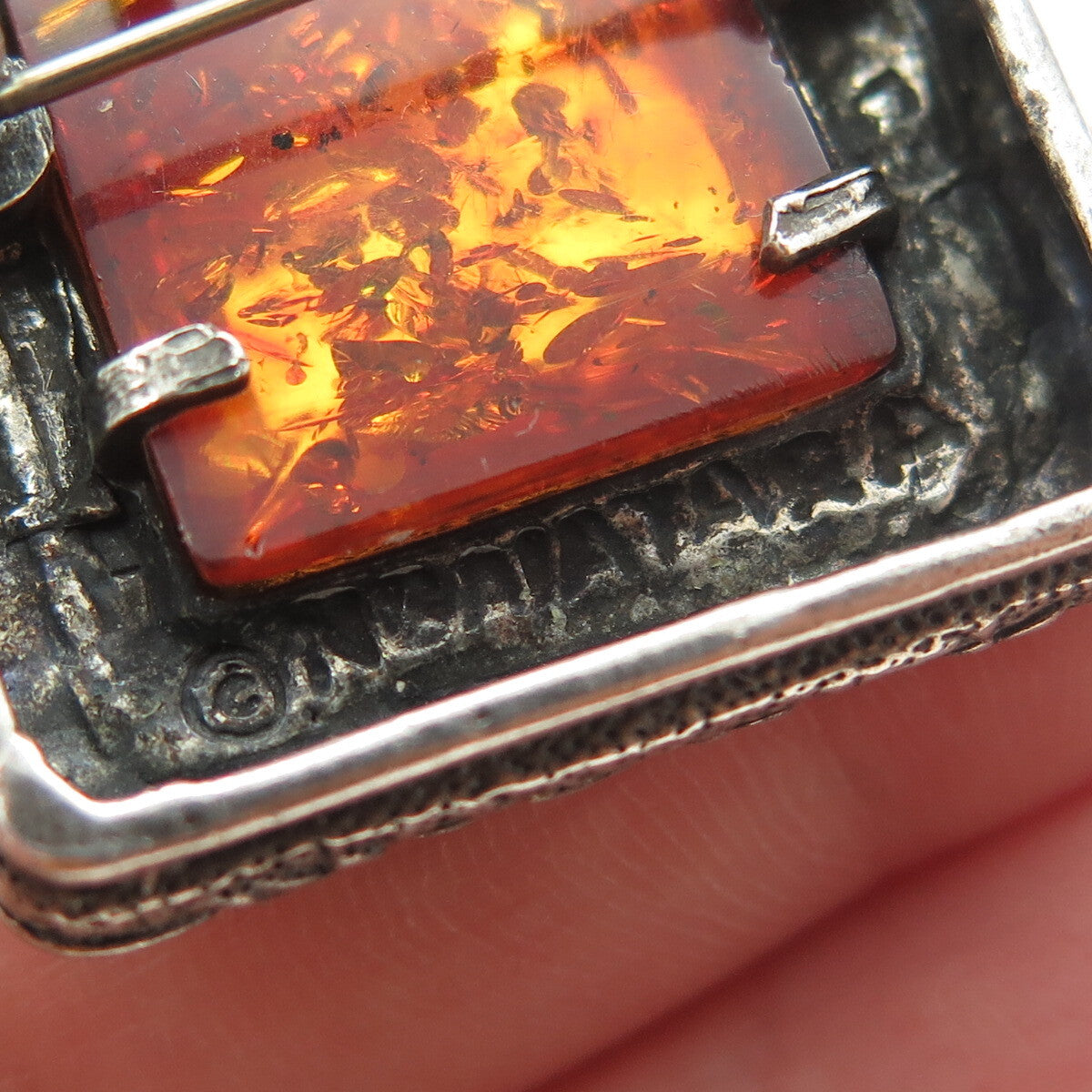 N. GAITARA 925 Sterling Silver Vintage Amber Floral Frame Pin Brooch