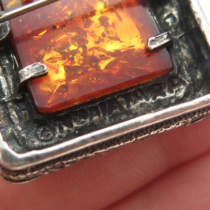 N. GAITARA 925 Sterling Silver Vintage Amber Floral Frame Pin Brooch