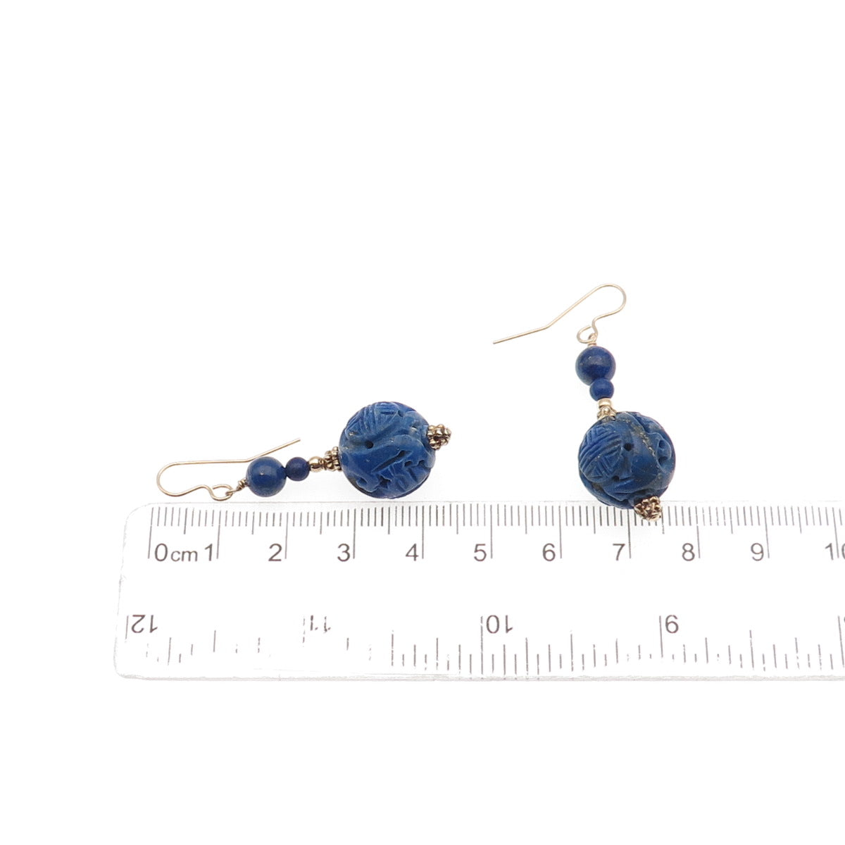 1/20 14K Gold Filled Vintage Real Lapis Carved Ball Beaded Dangle Earrings
