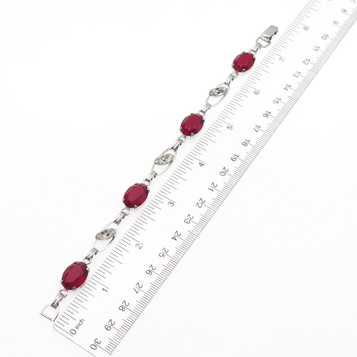 Van Dell 925 Sterling Silver Antique Art Deco Red & White Rhinestone Bracelet 7"