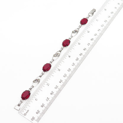Van Dell 925 Sterling Silver Antique Art Deco Red & White Rhinestone Bracelet 7"