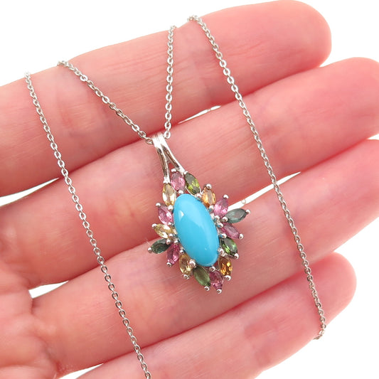 D'Joy 925 Sterling Silver Real Turquoise & Multi-Tourmaline Chain Necklace 20"