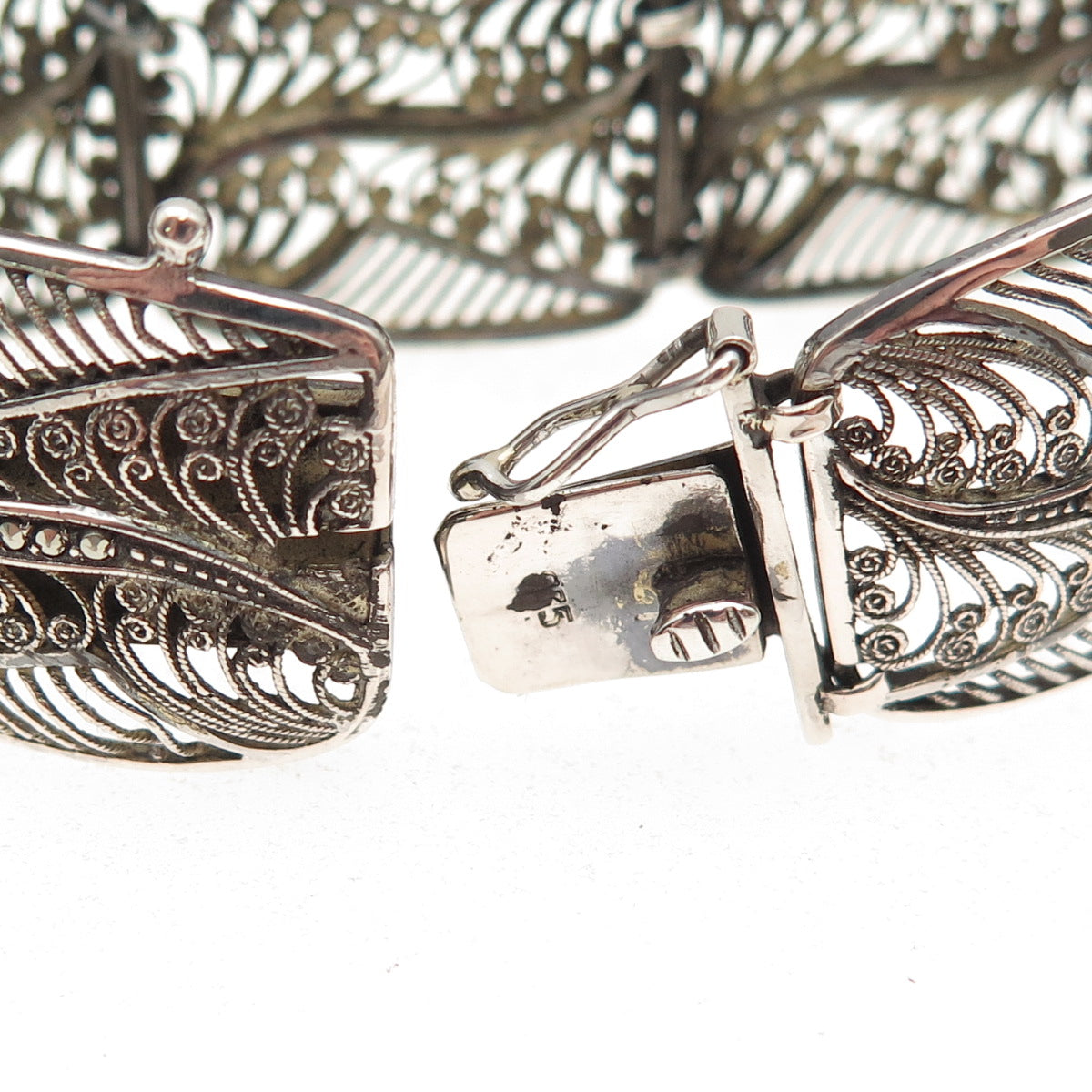 835 Silver Antique Art Deco Real Marcasite Filigree Panel Link Bracelet 6.5"