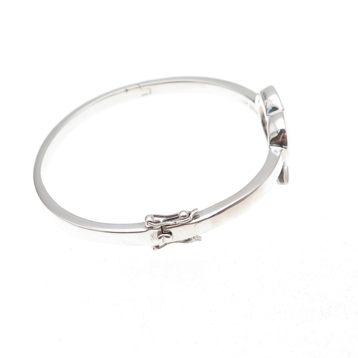 Dia 925 Sterling Silver Real Diamond Open Heart Bangle Bracelet 6.75"