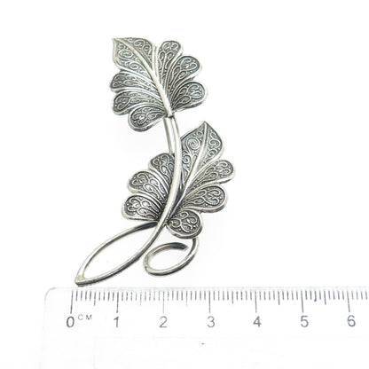 BEAU 925 Sterling Silver Vintage Floral Leaves Oxidized Pin Brooch
