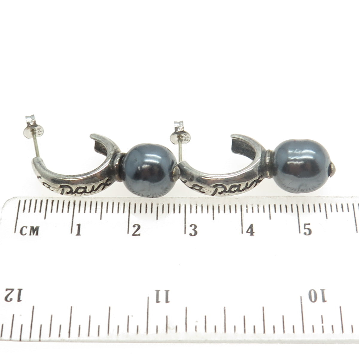 925 Sterling Silver Vintage Faux Pearl “La Paix” Half Hoop Earrings