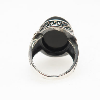 925 Sterling Silver Vintage Black Onyx Art Deco Style Oxidized Ring Size 7.25