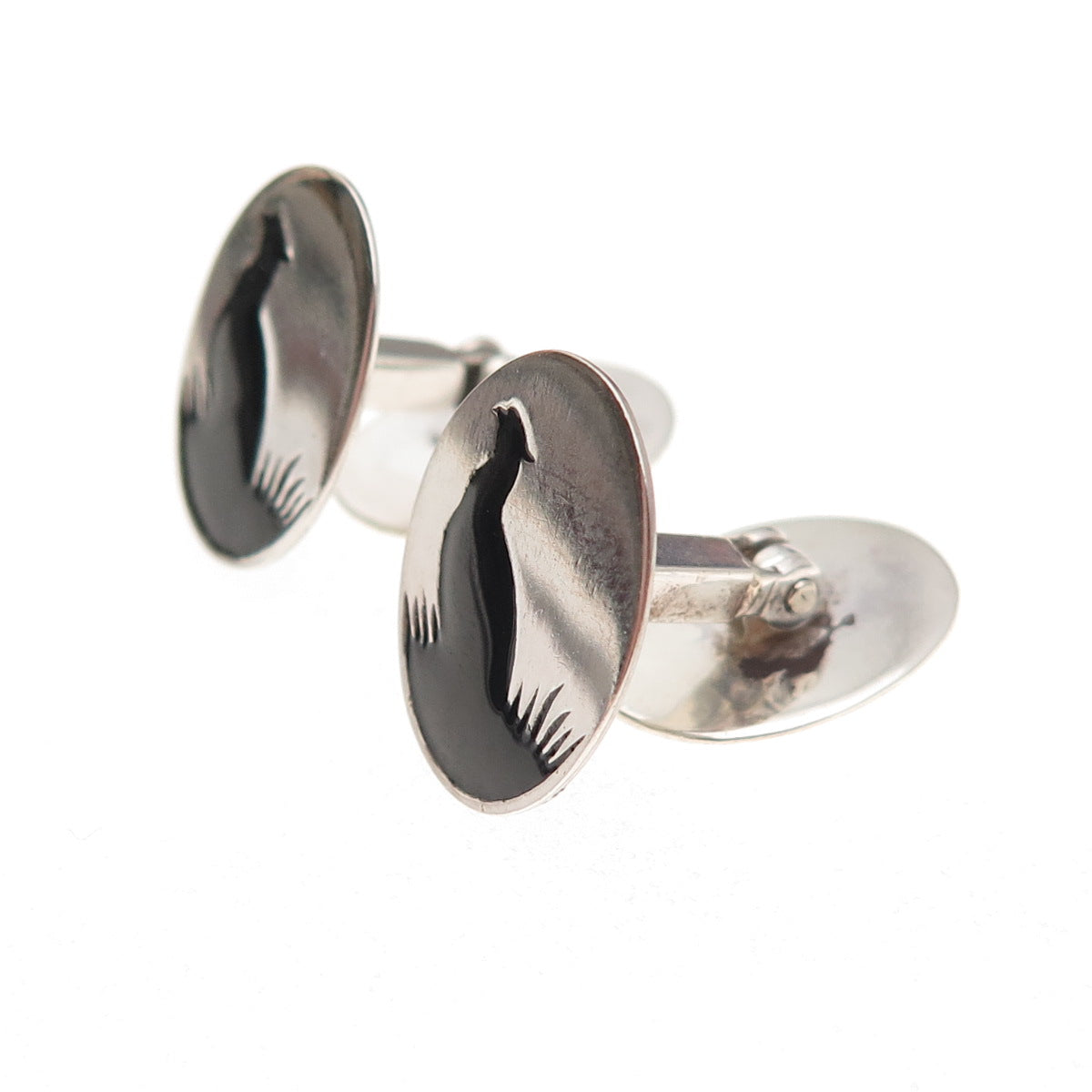 925 Sterling Silver Antique Art Deco Enamel Pheasant Bird Cufflinks