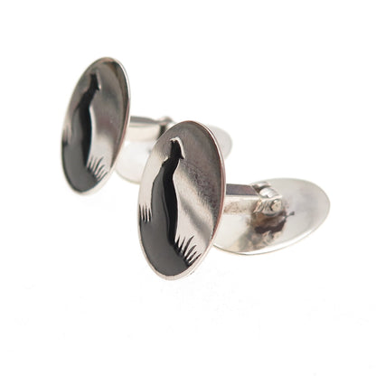 925 Sterling Silver Antique Art Deco Enamel Pheasant Bird Cufflinks