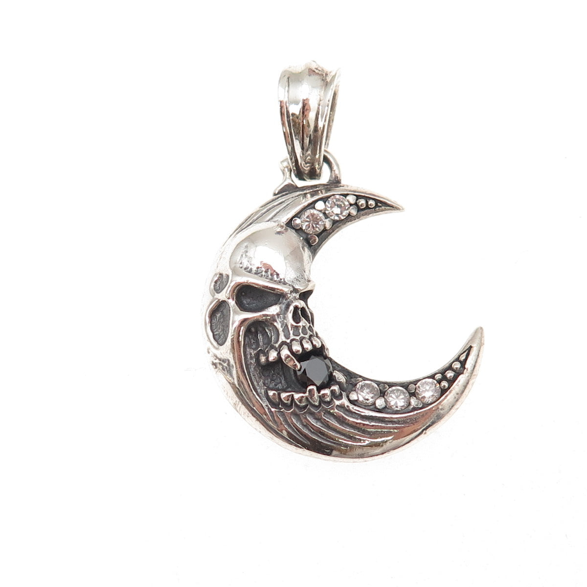 925 Sterling Silver Vintage Real Black Spinel & C Z Skull Crescent Biker Pendant
