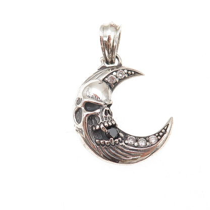 925 Sterling Silver Vintage Real Black Spinel & C Z Skull Crescent Biker Pendant