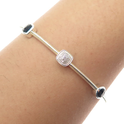 Sun Jewels 925 Sterling Silver Real Diamond & Black Spinel Bangle Bracelet 7.5"