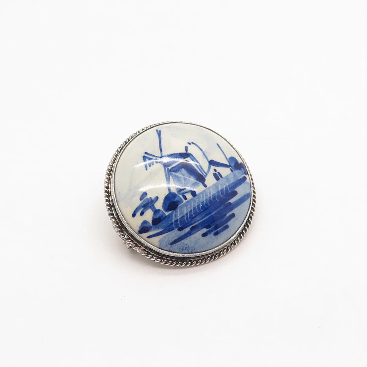 835 Silver Antique Delft Ceramic Old Windmill Round Pin Brooch