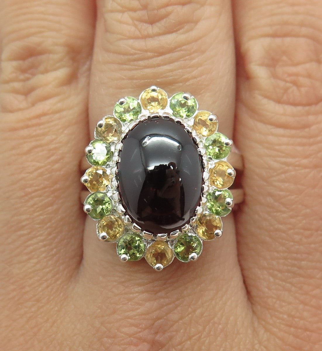 925 Sterling Silver Real Cabochon Tourmaline Peridot & Citrine Ring Size 8