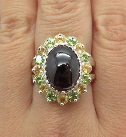 925 Sterling Silver Real Cabochon Tourmaline Peridot & Citrine Ring Size 8