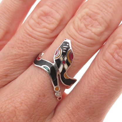 925 Sterling Silver Vintage Mexico Enamel Snake Ring Size 6.5