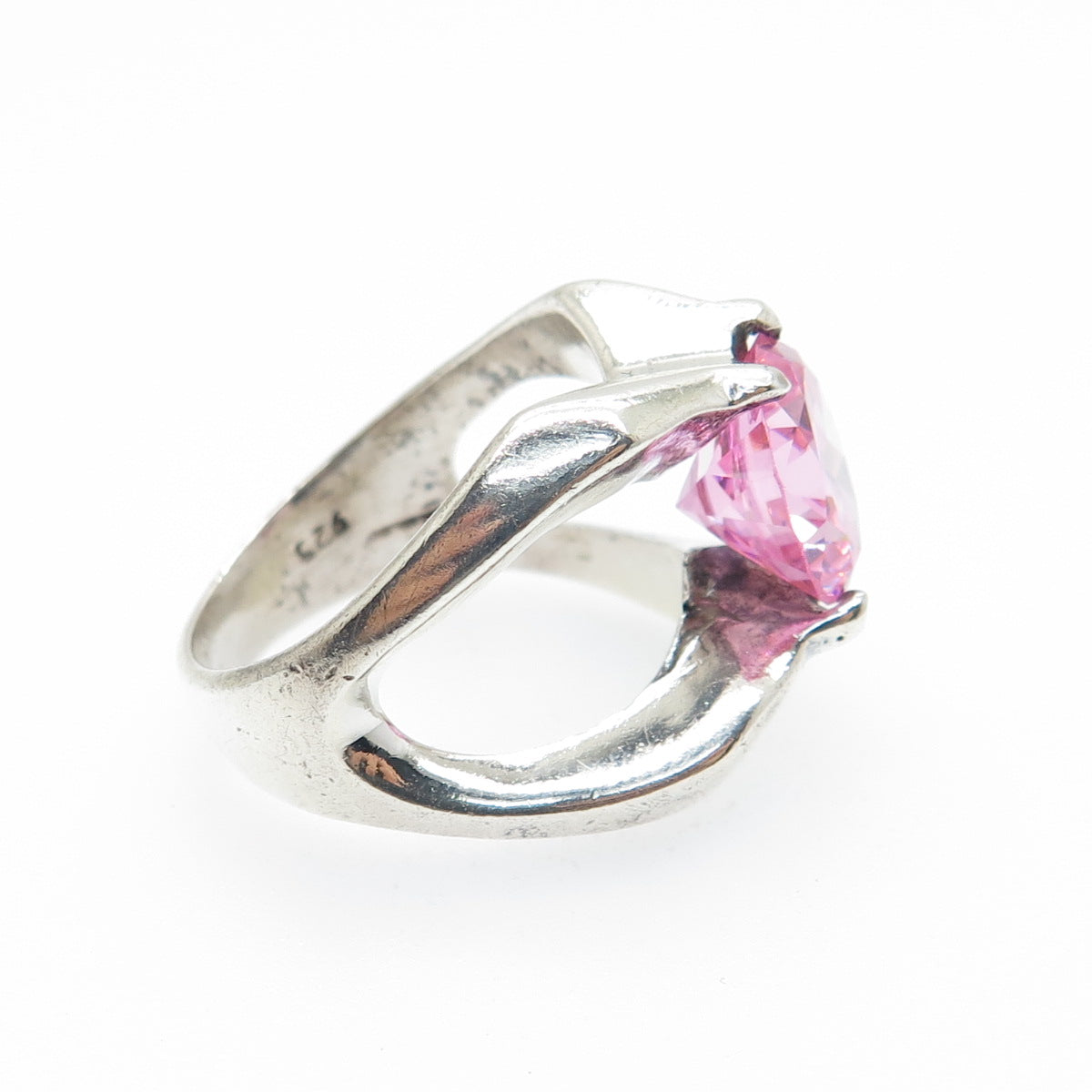 925 Sterling Silver Vintage Mexico Round-Cut Pink C Z Modernist Ring Size 7.5