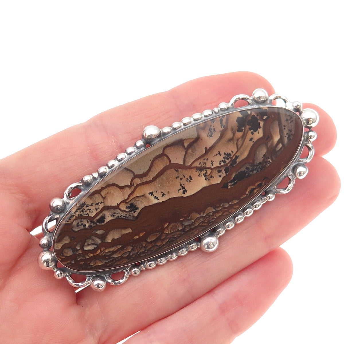 Terner 925 Sterling Silver Vintage Real Picture Jasper Oxidized Pin Brooch