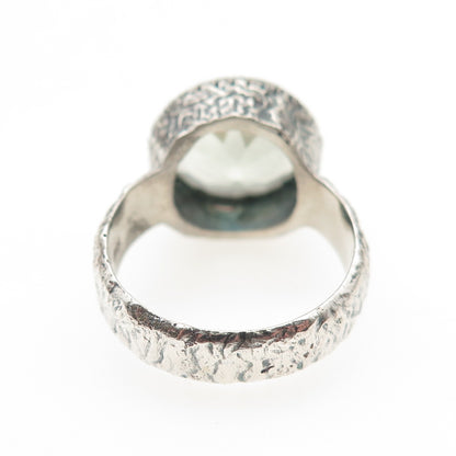 925 Sterling Silver Vintage Real Green Amethyst Modernist Oxidized Ring Size 9