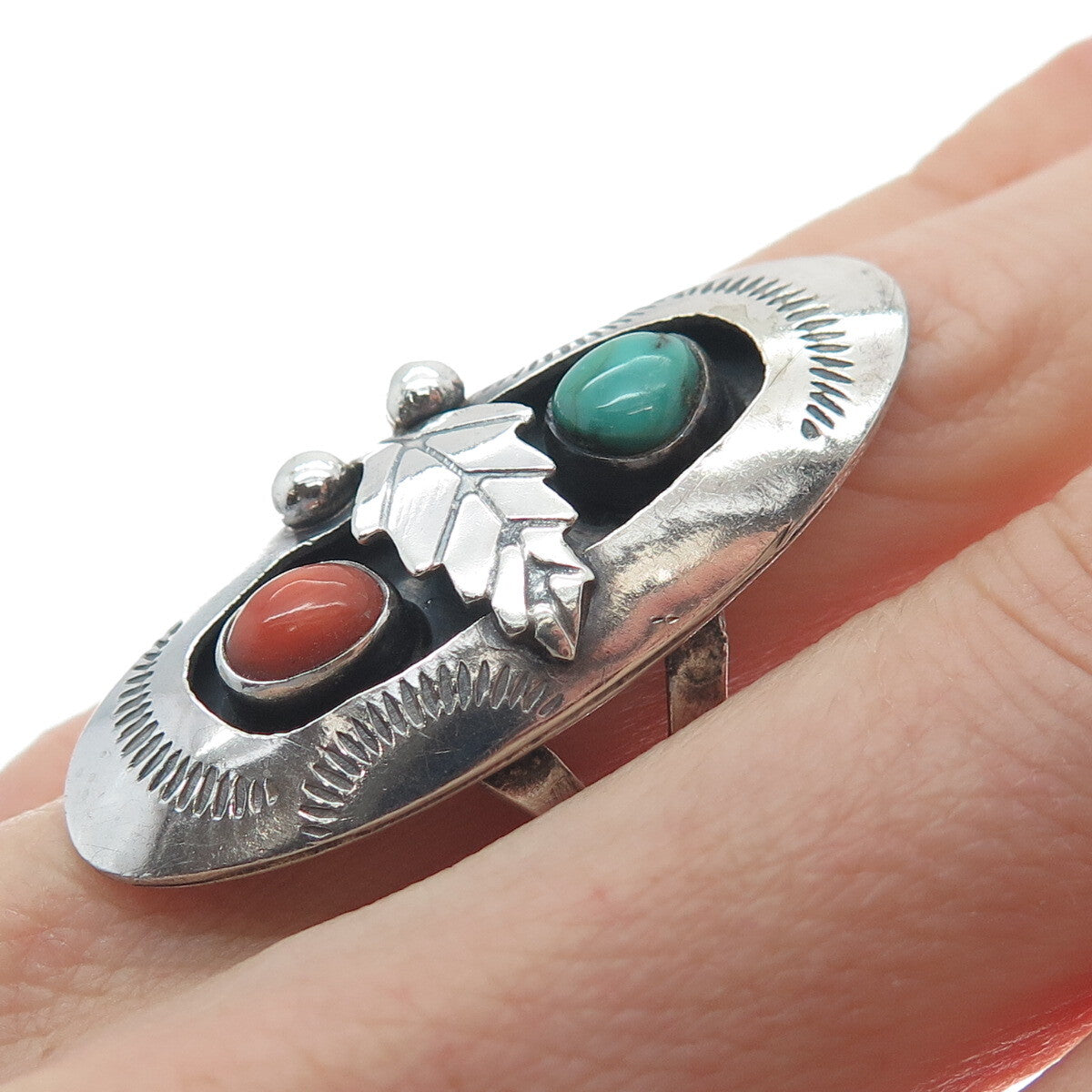 MARGARET LEE Navajo Old Pawn 925 Sterling Turquoise & Coral Ring Size 6.75