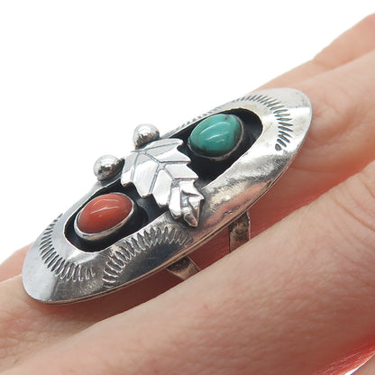 MARGARET LEE Navajo Old Pawn 925 Sterling Turquoise & Coral Ring Size 6.75