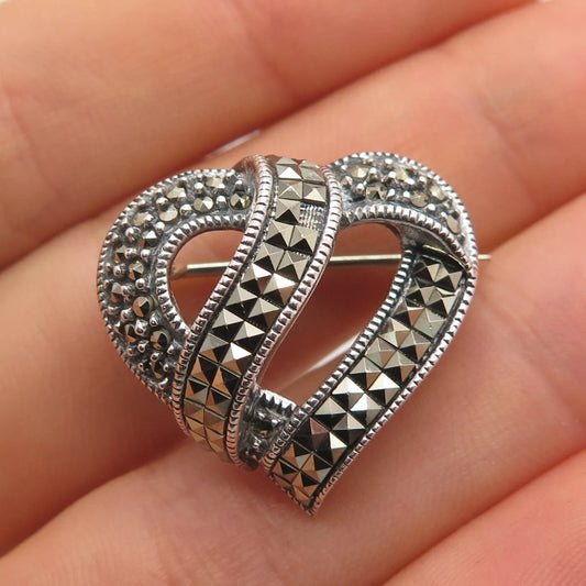 925 Sterling Silver Vintage Real Marcasite Gem Heart Pin Brooch