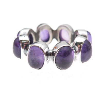 925 Sterling Silver Vintage Real Amethyst Modernist All Around Ring Size 8.5