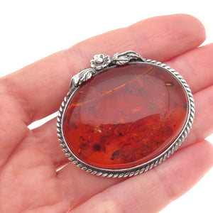 925 Sterling Silver Vintage Real Amber Floral Oxidized Pin Brooch