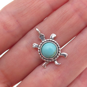 925 Sterling Silver Vintage Real Turquoise Turtle Good Luck Charm Pendant