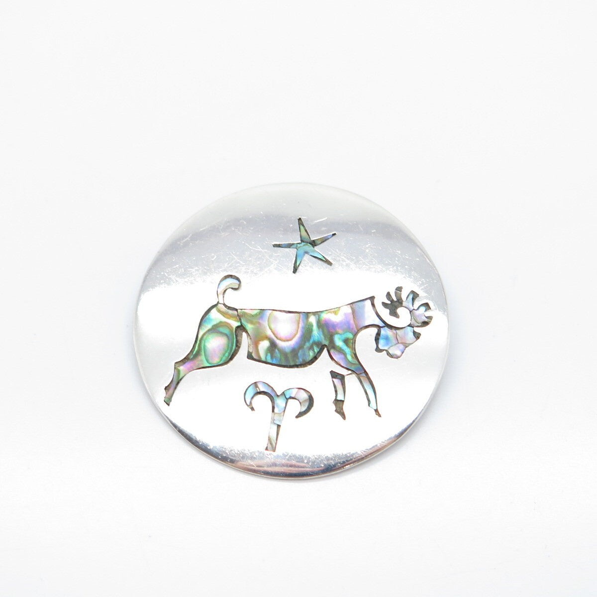 925 Sterling Silver Vintage Mexico Taxco Abalone Shell Aries Zodiac Sign Brooch