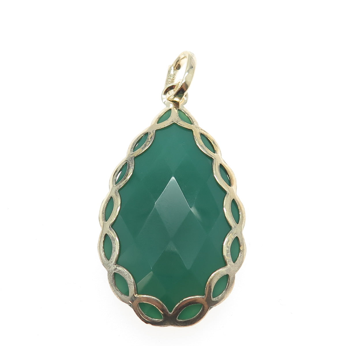 925 Sterling Silver Gold Plated Real Pear-Cut Green Onyx Drop Pendant