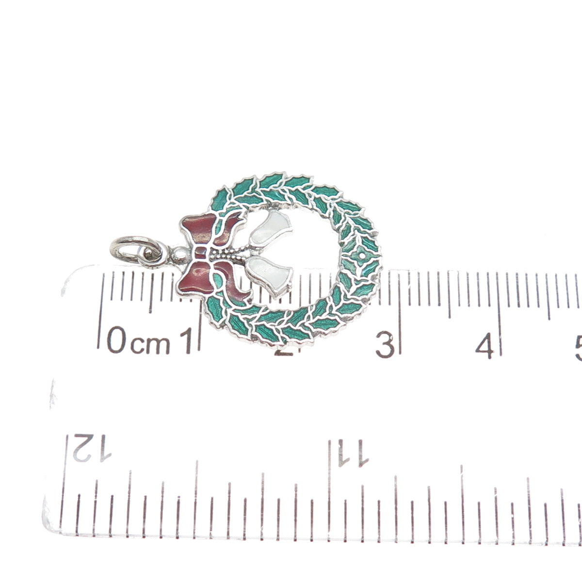 925 Sterling Silver Vintage Enamel Christmas Wreath & Bell Charm Pendant