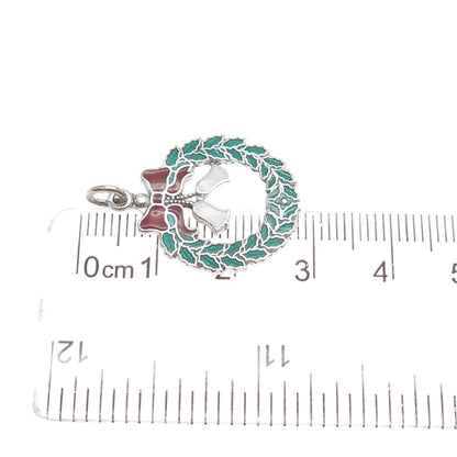 925 Sterling Silver Vintage Enamel Christmas Wreath & Bell Charm Pendant