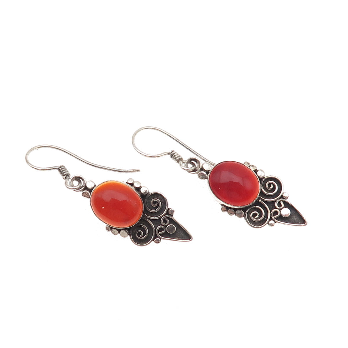 925 Sterling Silver Vintage Real Carnelian Floral Heart Oxidized Dangle Earrings