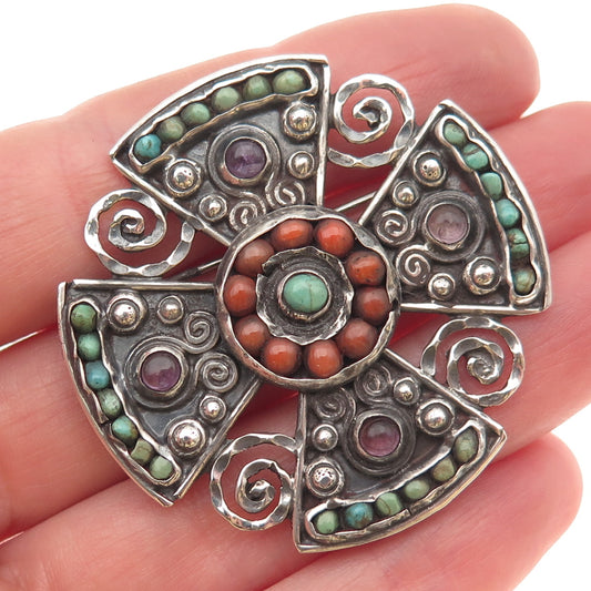 MATL Salas Sterling Vintage Mexico Real Turquoise Coral & Amethyst Cross Brooch