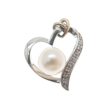 ALWAND VAHAN 14K Gold Sterling Silver Real Diamond & Pearl Heart Mini Pendant
