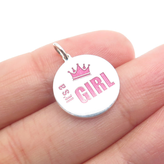 925 Sterling Silver Pink Enamel "It's A Girl" Round Tag Minimalist Charm Pendant