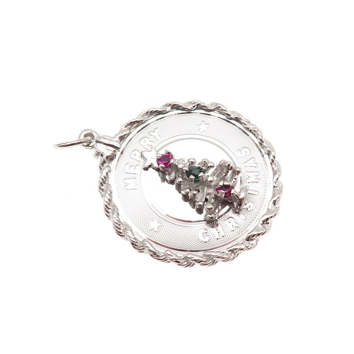 925 Sterling Silver Vintage Rhinestone Merry Christmas Tree Charm Pendant