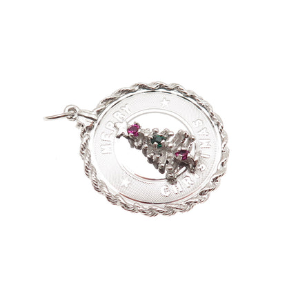 925 Sterling Silver Vintage Rhinestone Merry Christmas Tree Charm Pendant