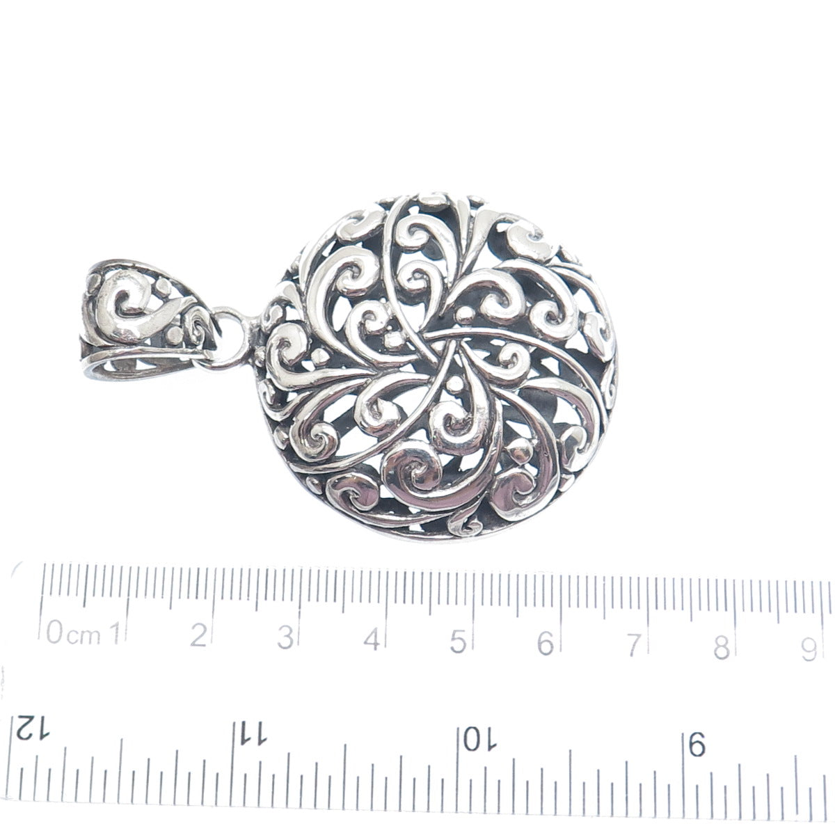 925 Sterling Silver Vintage Floral Ornate Oxidized Round Pendant