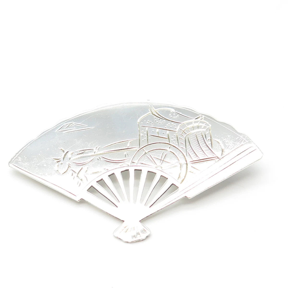 950 Silver Vintage Fan Etched Pin Brooch