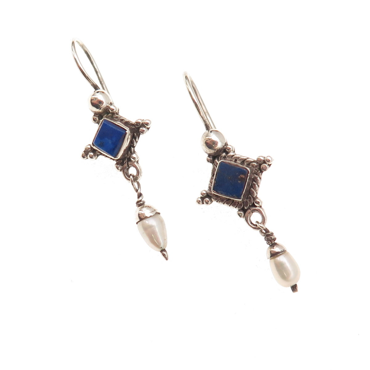925 Sterling Silver Vintage Real Lapis & Pearl Modernist Dangle Earrings