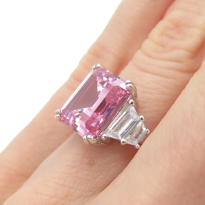 925 Sterling Vintage Emerald & Tapered Baguette-Cut Pink White C Z Ring Size 5.5