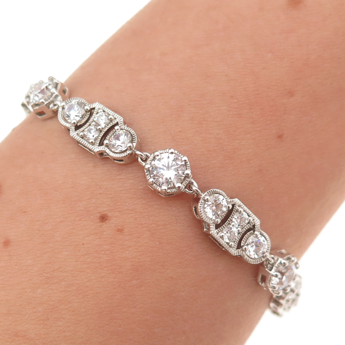 925 Sterling Silver Round-Cut C Z Bohemian Bracelet 7"