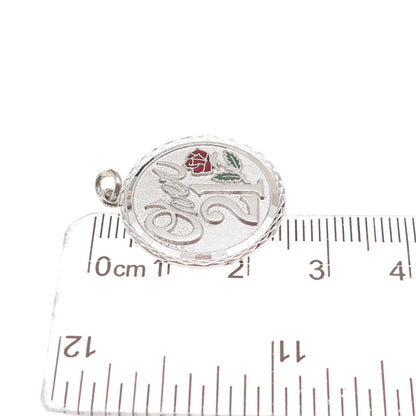 Griffith & Sons 925 Sterling Silver Vintage Enamel Over 21 Rose Charm Pendant