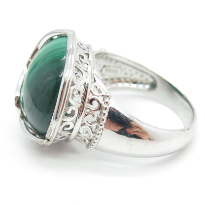 925 Sterling Silver Real Malachite Gemstone Ornate Ring Size 10