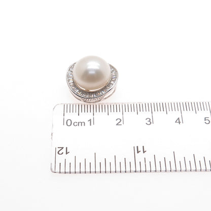 925 Sterling Silver Real Pearl & Tapered Baguette-Cut C Z Slide Mini Pendant