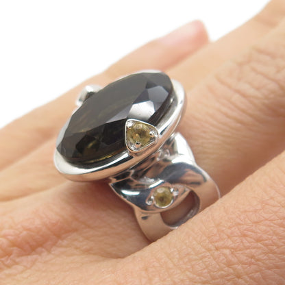 925 Sterling Silver Real Oval-Cut Smoky Quartz & Citrine Ring Size 7