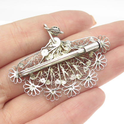 800 Silver Antique Art Deco Italy Filigree Floral Fan Pin Brooch