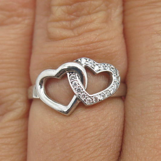 925 Sterling Silver Round-Cut Shaped C Z Couple of Hearts Ring Size 5.25